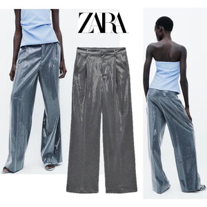 Zara women’s gray sequin wide leg pleated menswear pants M NWOT sparkly festive